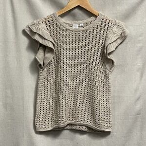 GAP Womens Ribbed Flutter Sleeve Top Beige Crochet Ruffle Cotton XS